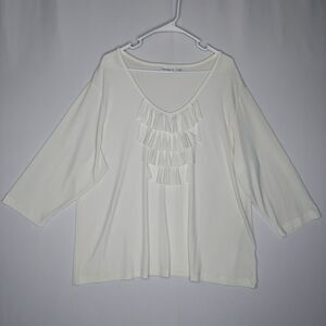 Susan Graver Top Womens 2X Cream Stretch Knit Ruffle Neck Scoop Neck 3/4 Sleeve